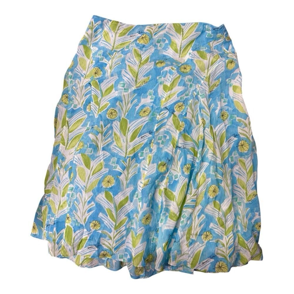 Sigrid Olsen Blue Yellow Floral 100% Silk Lined Zip Flare Midi Skirt.Women.Sz 8P